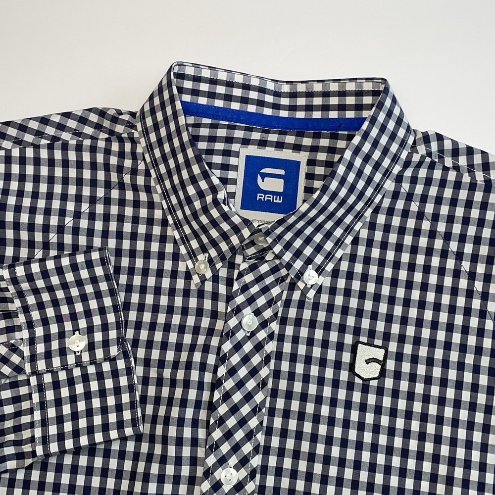 G-Star RAW Button Down Shirt Mens 3XL Navy White Gingham Check Long Sleeve Logo‎